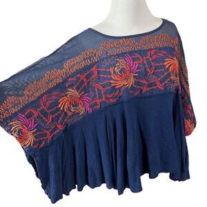 Free People Bohemian Linen Embroidered Poncho Top Oversized Medium Summer Flowy